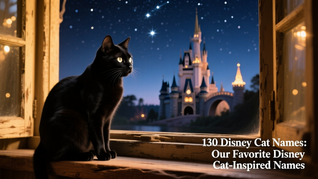 A confident black cat perched on a window ledge, gazing out at a starry night sky with subtle FurPetVo castle silhouettes in the distance