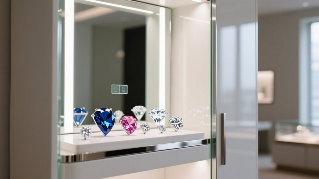Detailed view of an integrated LED mirror inside a tall jewelry armoire illuminating diamonds, highlighting high CRI lighting.