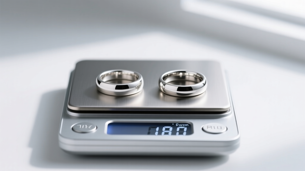 Palladium and platinum rings side-by-side on a digital scale, showing the stark difference in gram weight and density.