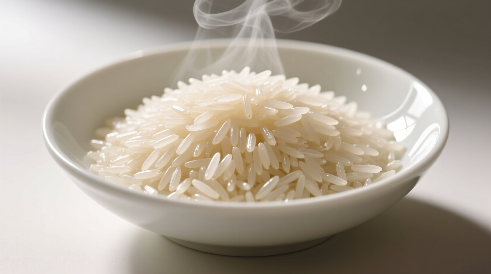 Perfectly cooked long grain rice in white bowl