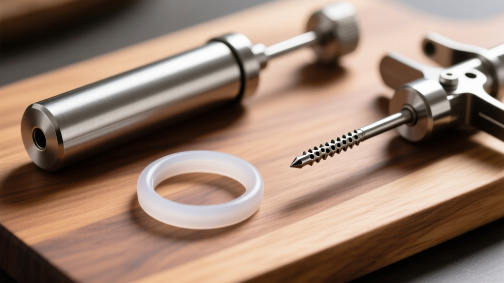 Disassembled stainless steel meat injector showing the silicone O-ring seal and multi-hole needle tip resting on a wooden cutting board