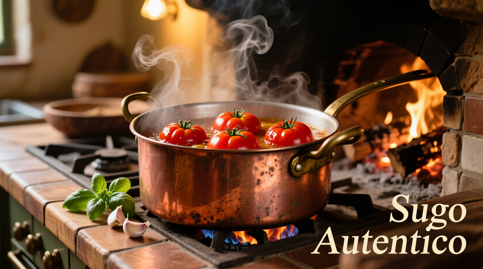 Fresh tomatoes being simmered in copper pot for authentic sauce