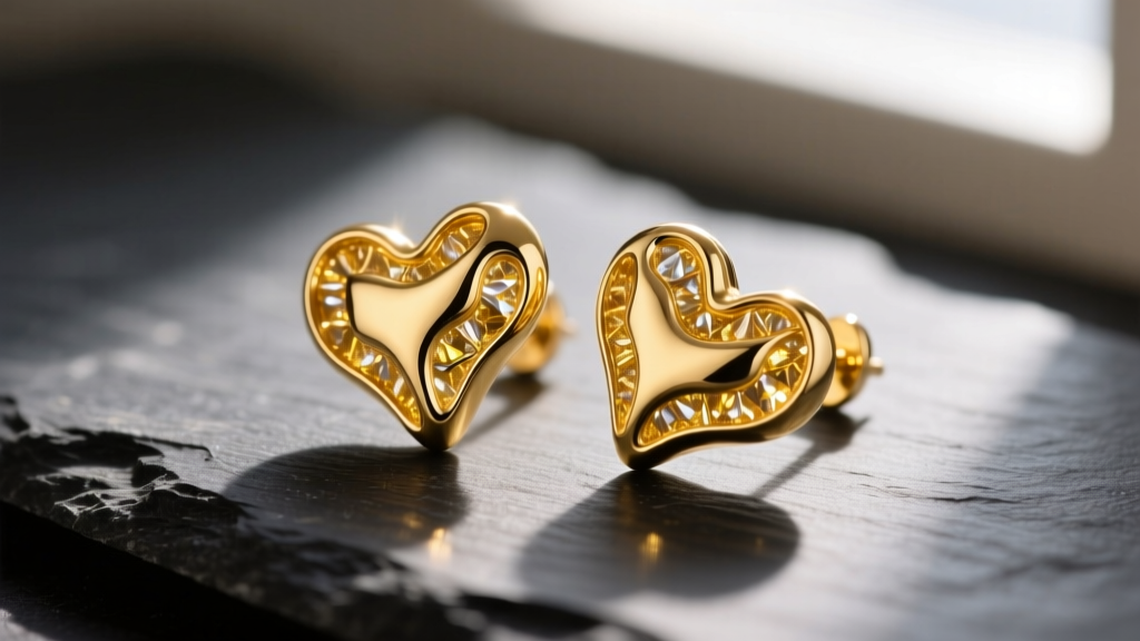 Macro shot of 14k yellow gold nugget earrings hearts on dark slate, showing the melted organic metal texture and warm shine.