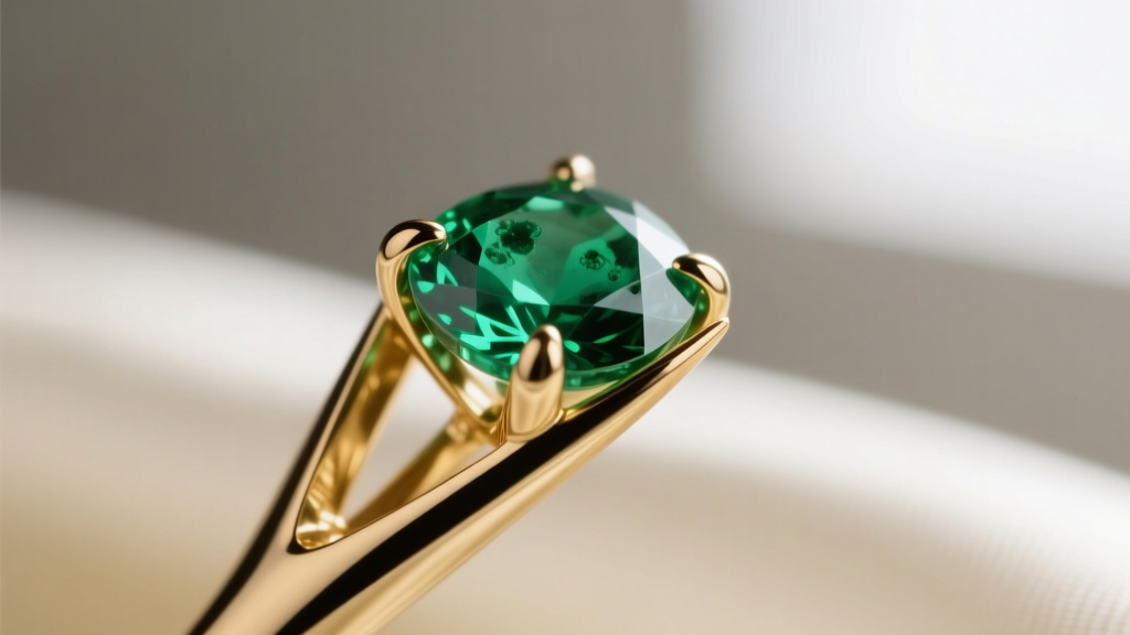Macro photo of prong tips gripping the girdle of a heavily included emerald, highlighting the metal tension of polished 18k gold.