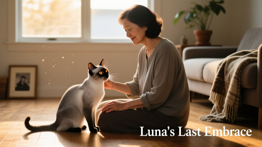 Luna and her human mom sitting side-by-side on the floor, Luna purring as her mom strokes her back gently