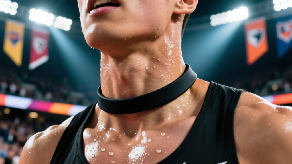 Close-up of an athlete wearing a matte black silicone sports necklace, sweat on collarbone under bright stadium lights.