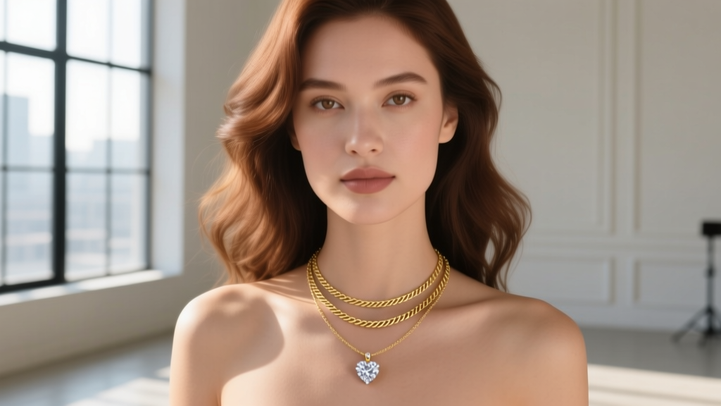 Woman wearing a layered stack featuring a small diamond heart necklace on a 16-inch chain paired with a simple gold herringbone.