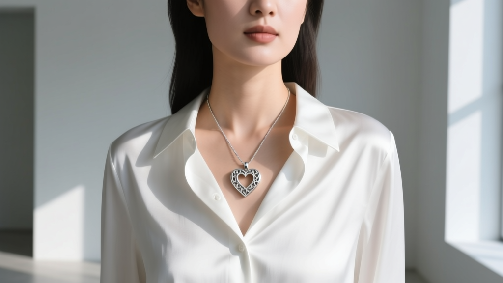 Woman in a white silk button-down shirt wearing a medium silver open heart pendant layered over a delicate 16-inch cable chain.