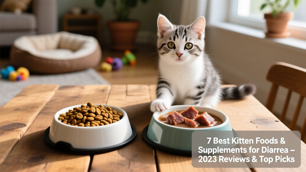 Side-by-side comparison of dry kibble and wet food bowls, with a healthy kitten sitting nearby