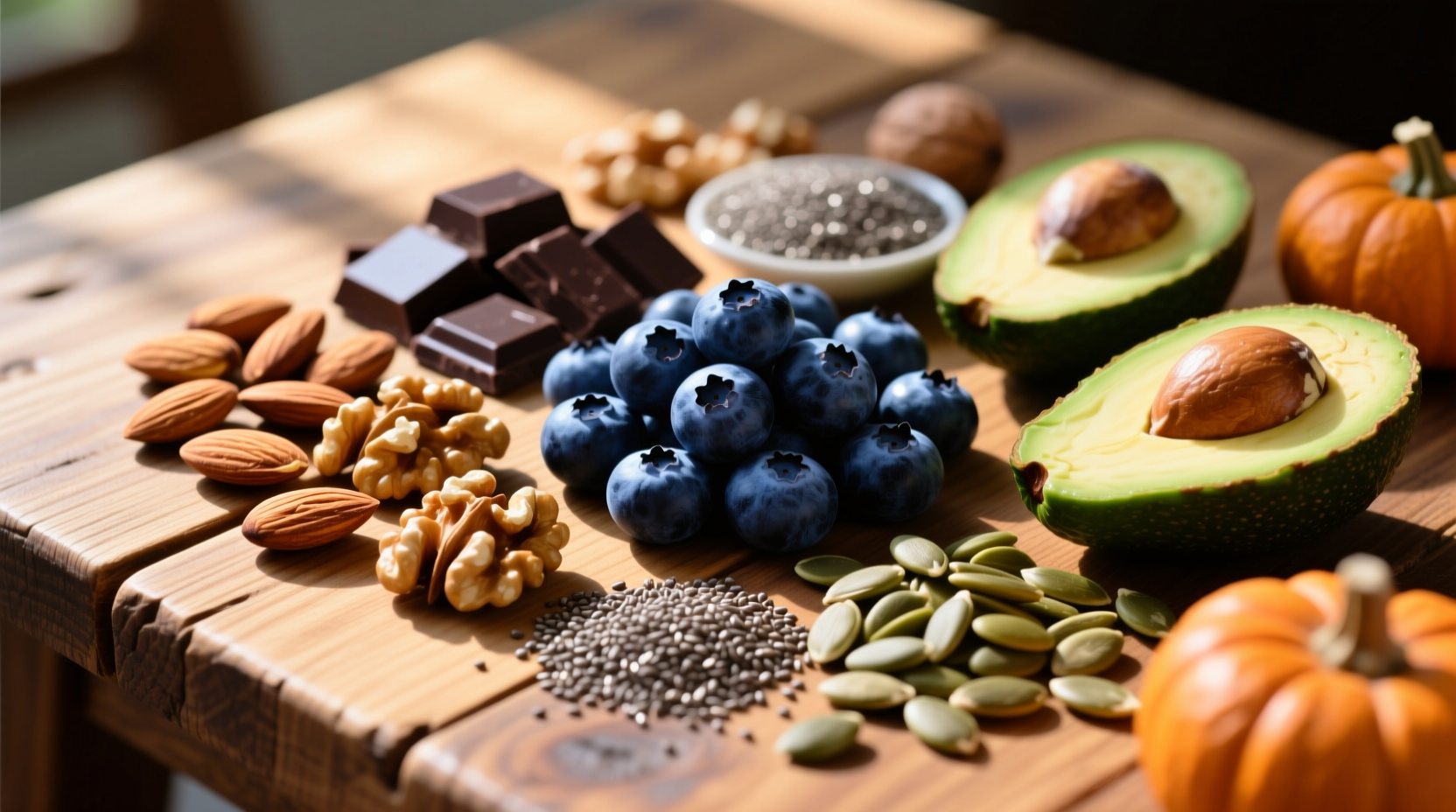 Colorful brain food ingredients on wooden table