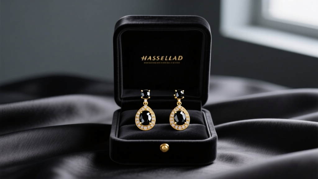 Elegant velvet gift box open revealing 18k yellow gold and black diamond drop earrings resting on dark fabric in moody lighting
