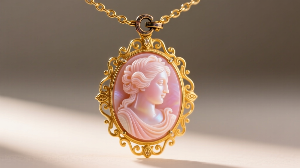 Close-up of an antique Victorian cameo necklace carved from pink conch shell set in ornate 15-karat yellow gold with a C-clasp.