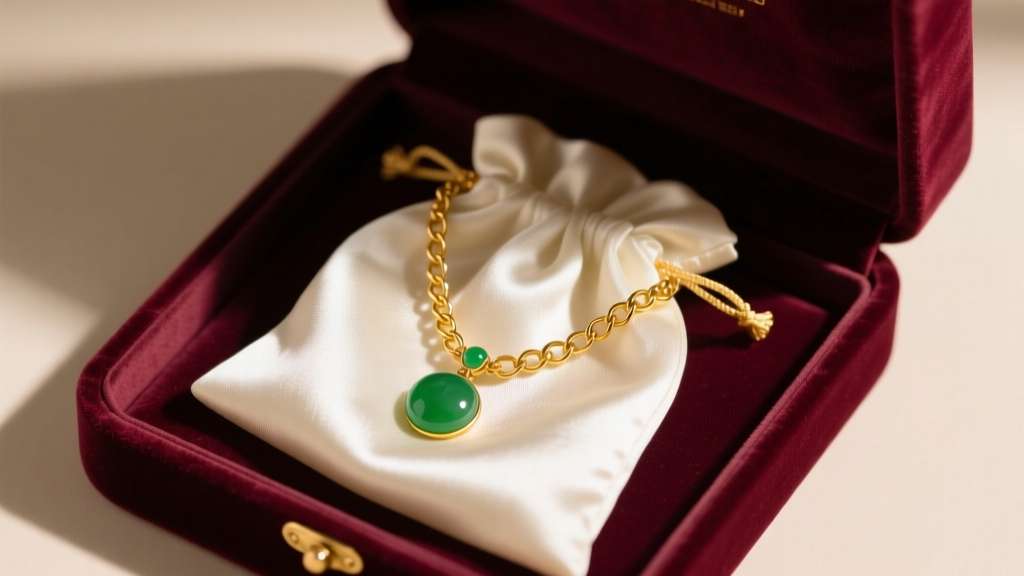 Top view of an open velvet jewelry box showing a gold and jade necklace stored in a silk pouch to prevent scratches, warm lighting.