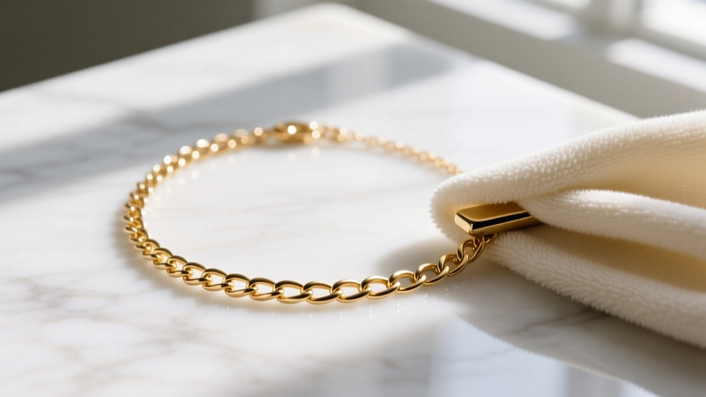 A soft microfiber cloth gently polishing a delicate gold-tone costume chain necklace on a clean white marble surface.