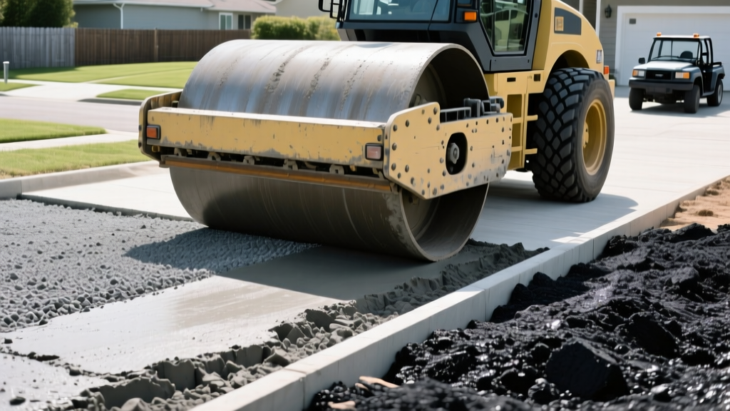 Heavy roller compacting a fresh base layer of gray crushed concrete adjacent to black asphalt millings on a residential driveway construction site