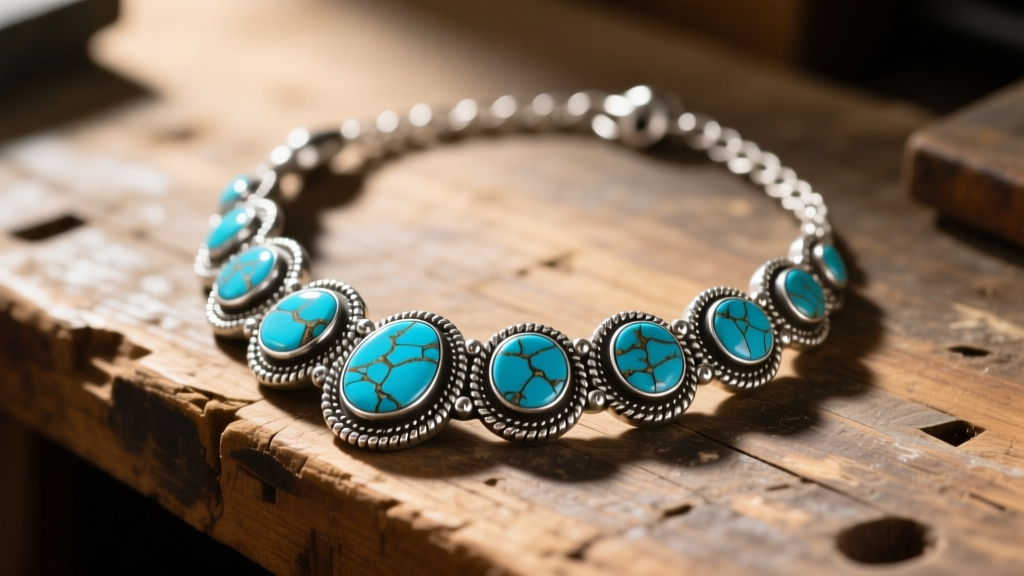 Close-up of a handcrafted sterling silver and Arizona turquoise necklace on a rustic wooden workbench under warm studio lighting.
