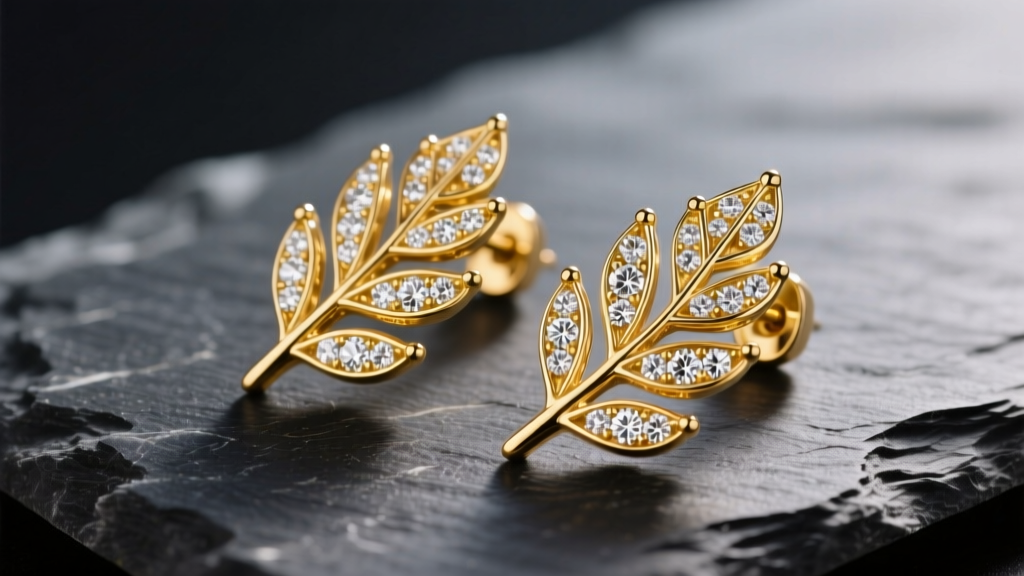 Close-up of 14k yellow gold diamond leaf earrings on dark slate, highlighting intricate vein detailing and pave melee diamonds.