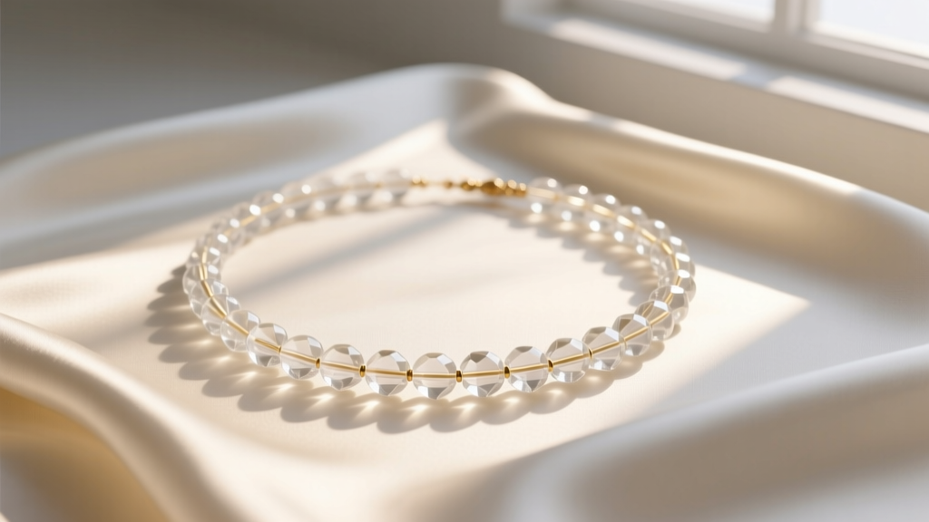 Flat lay of a 4mm clear quartz crystal beaded necklace on cream silk fabric, with soft morning sunlight casting gentle, warm shadows.