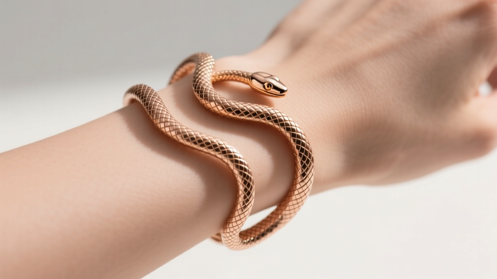 Flexible 14k rose gold snake bracelet draped over a wrist, showing the intricate interlocking scale articulation details.