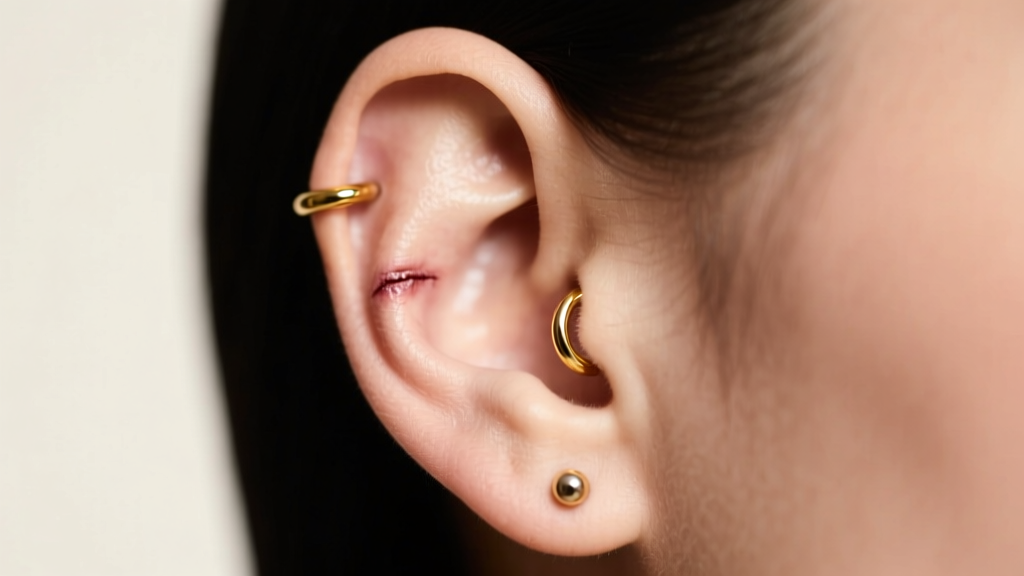 Side profile of a healed daith piercing featuring a 16-gauge gold clicker ring, with soft studio lighting emphasizing ear anatomy.
