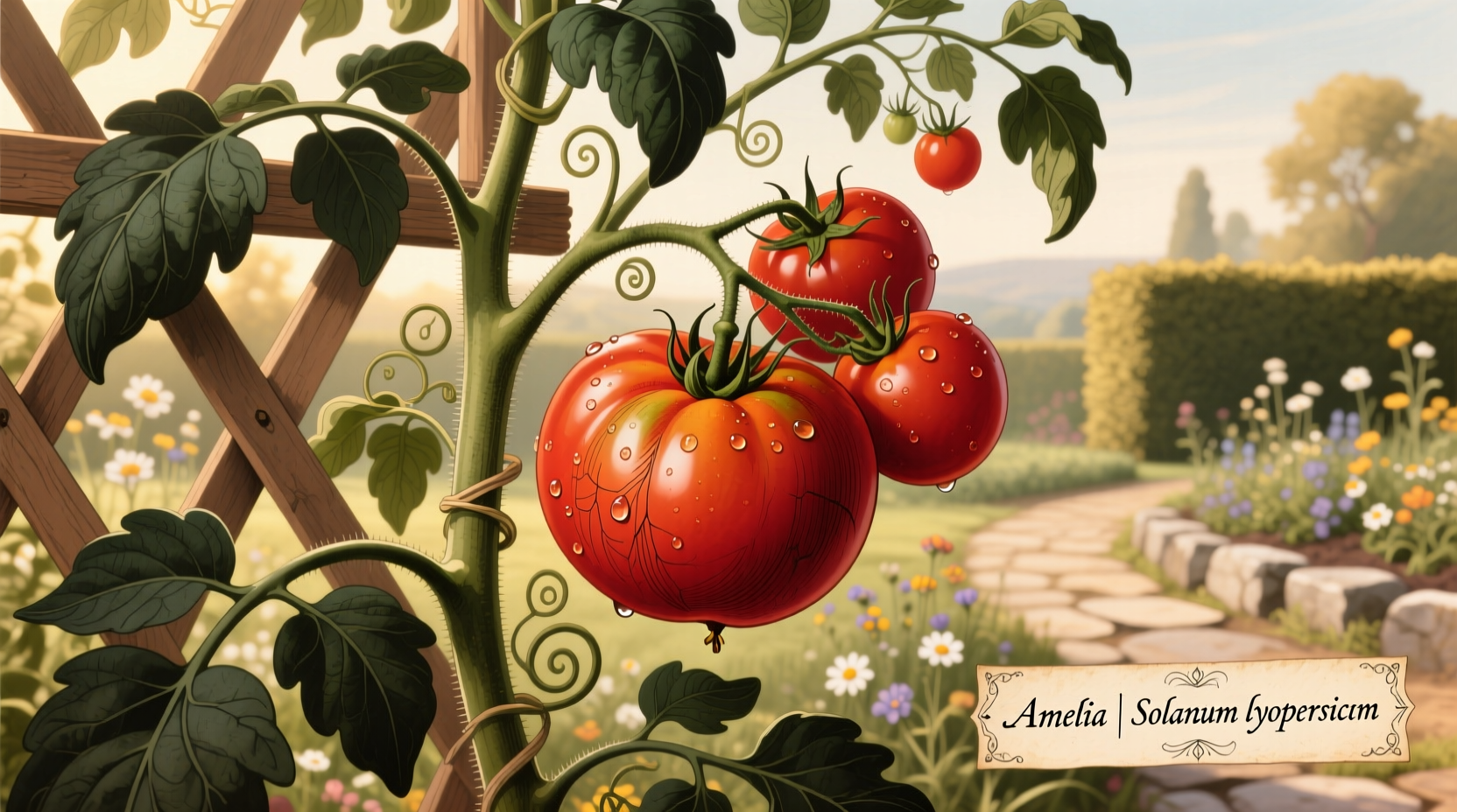 Amelia tomato plant with ripe fruit in garden