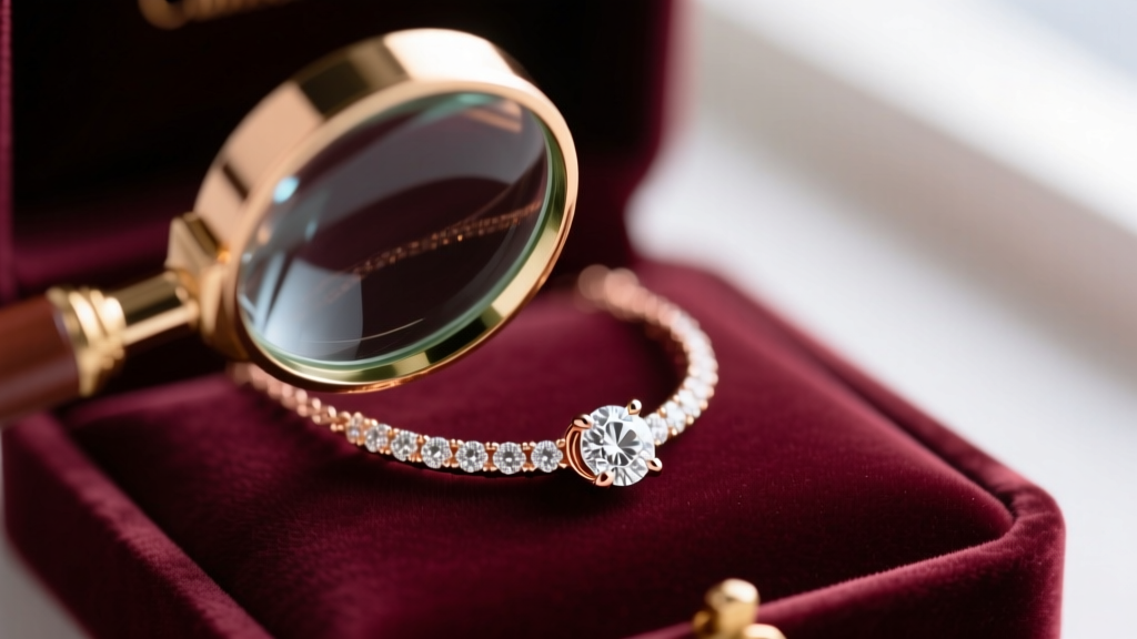 Close-up of a loupe inspecting the prongs of a rose gold circle of diamonds necklace against a blurred velvet box background.
