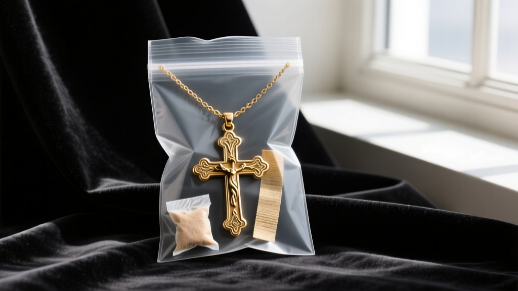 Brass cross necklace in an airtight bag with silica gel and a tarnish-absorbing preservation strip, resting on dark velvet fabric.