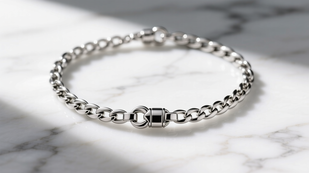 Overhead view of 316L stainless steel Figaro chain necklace with lobster clasp on white marble with soft directional lighting