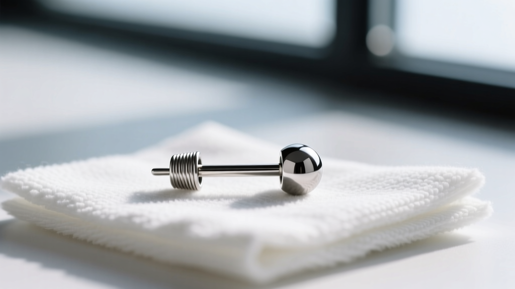 Macro photography of an 18-gauge implant-grade titanium extra long post earring resting on a soft microfiber cleaning cloth
