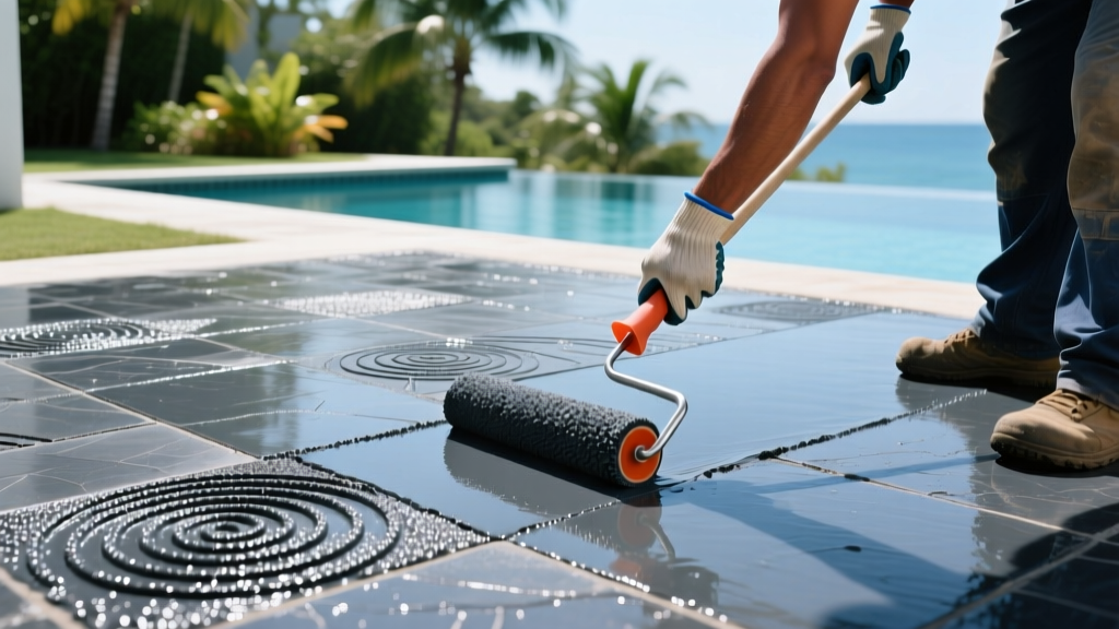 Contractor rolling non-slip acrylic sealer with polymer grit over a freshly stamped slate-pattern concrete pool deck surface