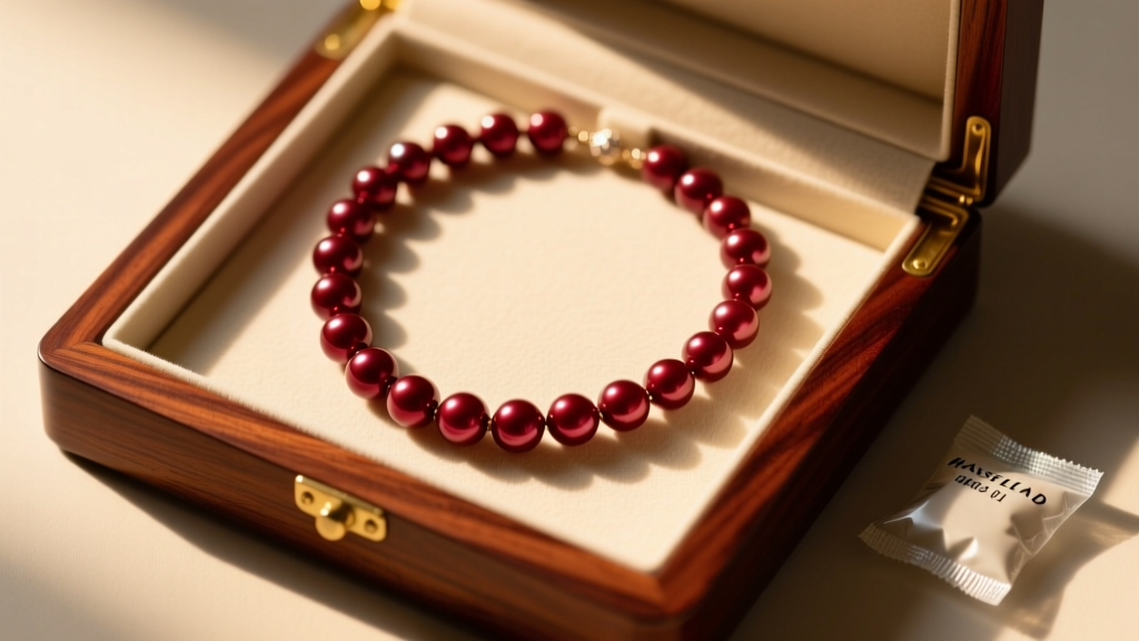 A blood pearl necklace stored in a lined mahogany jewelry box with a silica gel packet, shot from a top-down angle in warm light.