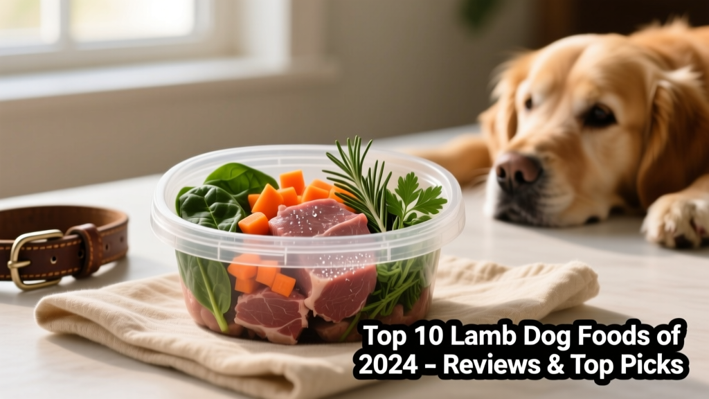 Fresh lamb dog food in a resealable chilled container, with visible chunks of meat, vegetables, and herbs
