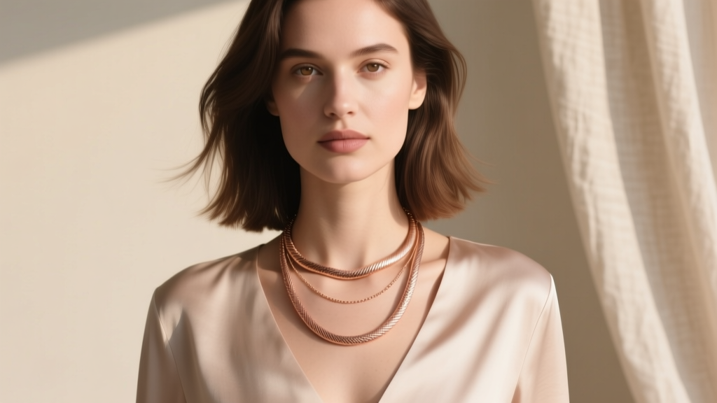 Woman wearing a 1mm rose gold snake chain layered with a longer cable chain, showing a kink-free styling method for everyday wear