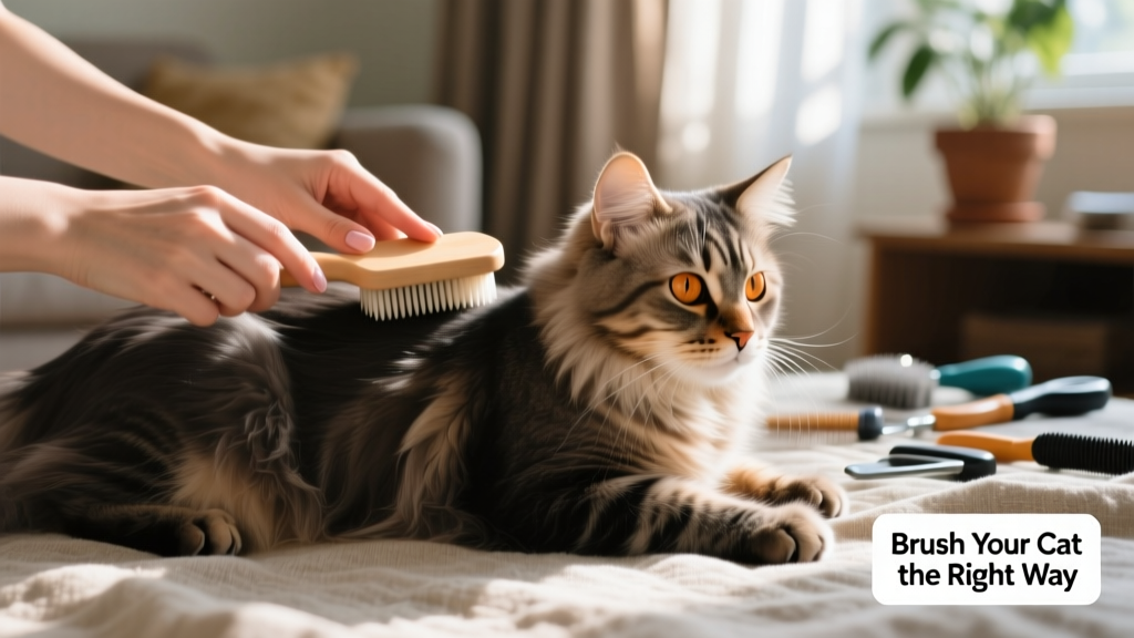 Close-up of hands gently brushing a relaxed cat’s back with a soft bristle brush, showing smooth, glossy fur