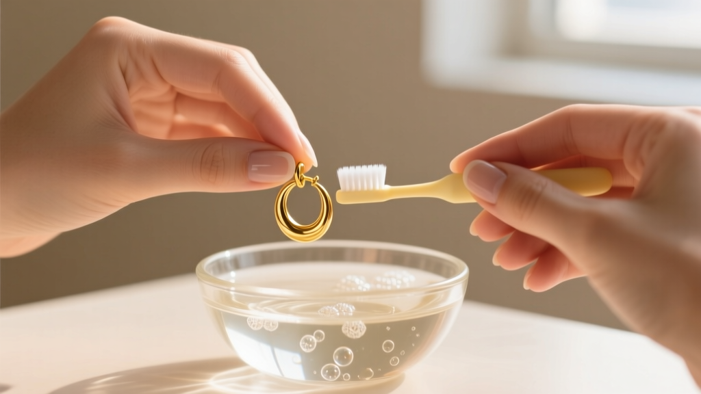 Close-up of hands gently cleaning a 14k gold hoop earring with a soft baby toothbrush in a small glass bowl of warm soapy water.