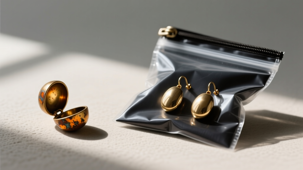 Tarnished brass earring stored in the open next to a pristine piece kept safely inside a sealed, dark anti-tarnish zip bag.