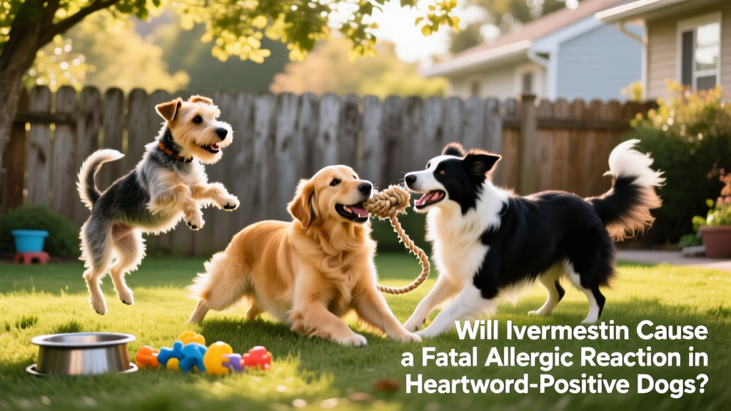 Four healthy dogs playing together in a backyard