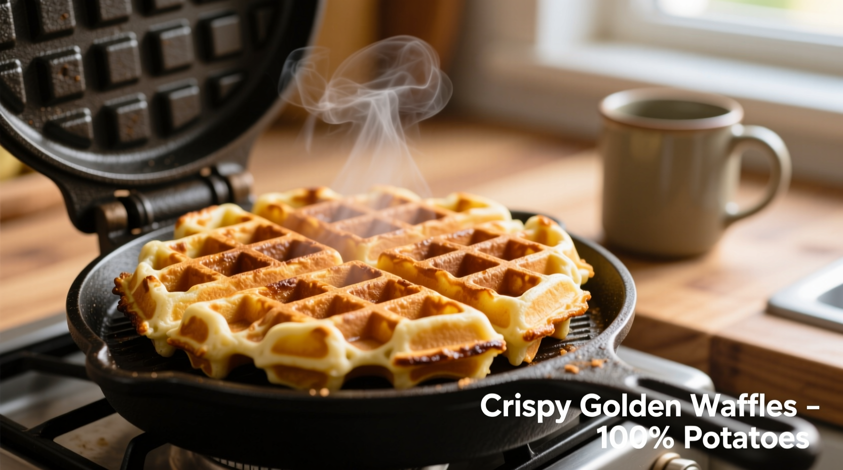 Golden potato waffles with crispy edges on waffle iron