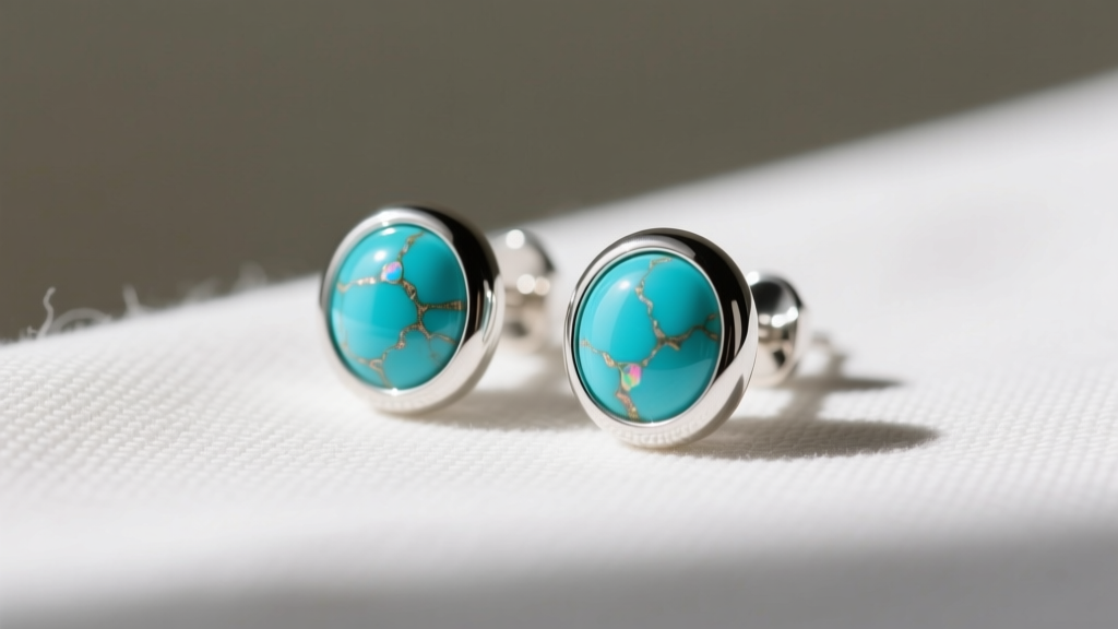 Close-up of a pair of bezel-set turquoise stud earrings in polished 925 sterling silver resting on a textured white linen cloth