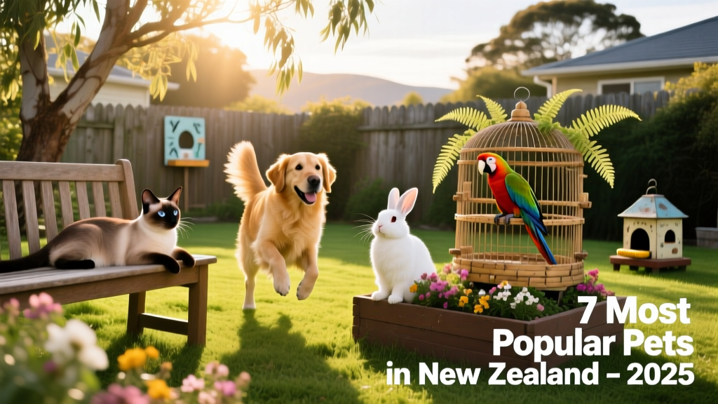 A diverse group of pets in a sunny New Zealand backyard: cat, dog, rabbit, and bird in a cage