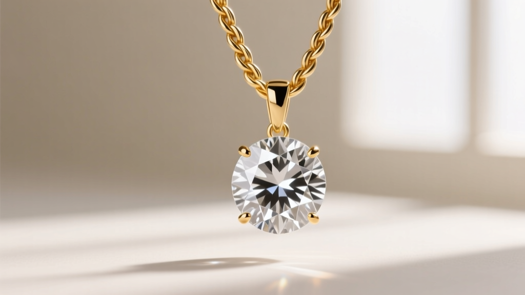 Macro shot of a brilliant-cut white sapphire pendant on a gold wheat chain, studio lighting highlighting sharp facet reflections.