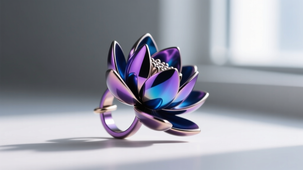 Side profile of an iridescent purple and blue anodized titanium lotus ear cuff against a softly blurred neutral gray background.