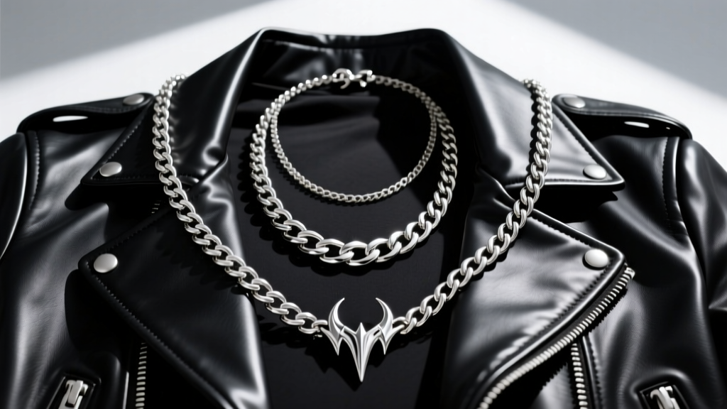 Flat lay of three layered Devil May Cry necklaces over a black leather jacket, highlighting intricate silver chain textures.