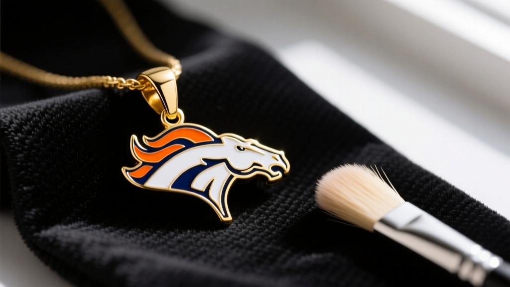 Gold-plated Denver Broncos logo pendant with navy and orange enamel resting on a dark microfiber cloth next to a soft brush.