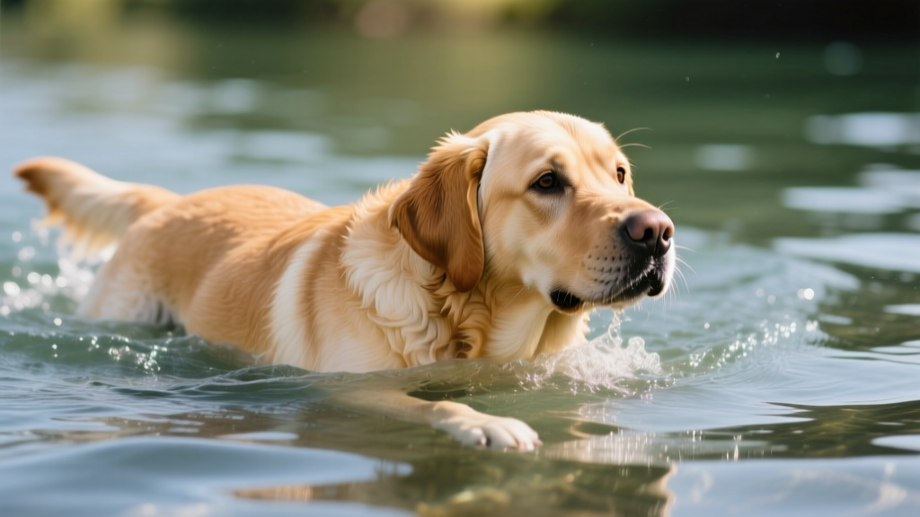 A Labrador Retriever swimming confidently in clear water, showcasing its dense coat and strong build