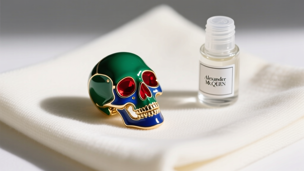 Macro shot of an Alexander McQueen enameled skull stud earring on a microfiber cloth next to a small jewelry care solution bottle