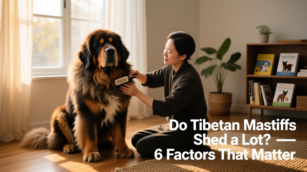 Tibetan Mastiff sitting calmly while owner brushes its coat indoors near a sunny window