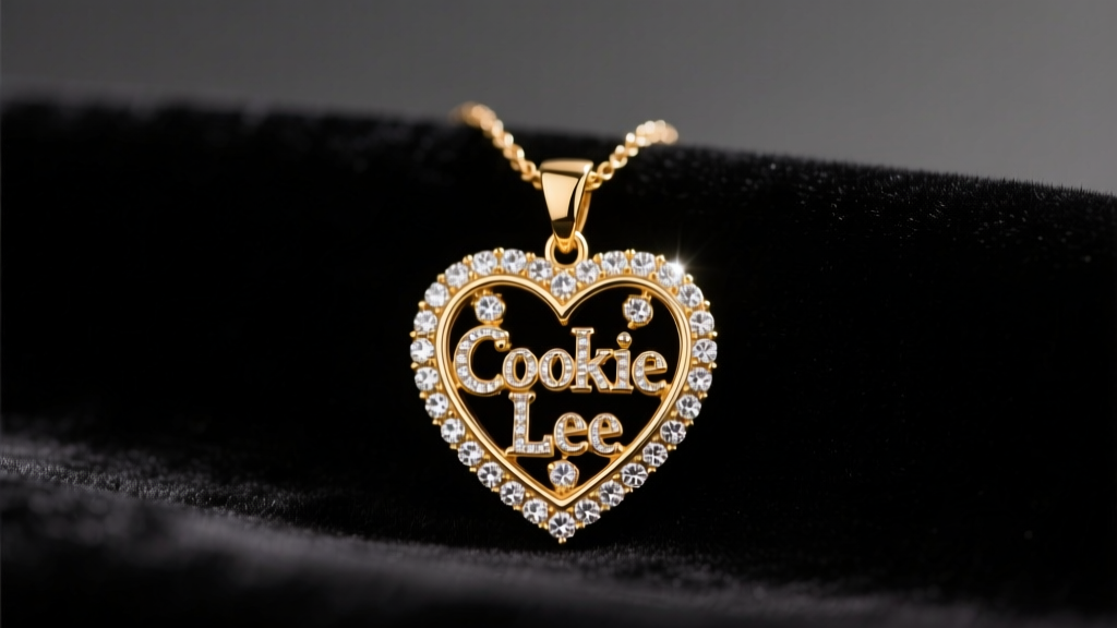 Vintage gold-plated Cookie Lee heart pendant necklace on dark velvet, showing rhinestone pavé details under soft studio lighting.