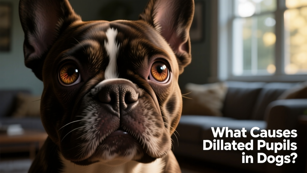 Close-up of a French Bulldog's face in low light, showing clearly dilated pupils