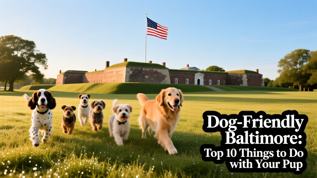 Fort McHenry National Monument with dogs walking on grassy grounds under clear skies